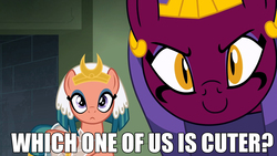 Size: 1280x720 | Tagged: safe, edit, edited screencap, screencap, somnambula, the sphinx, pegasus, pony, sphinx, daring done?, g4, bronybait, cute, female, fourth wall, image macro, impact font, jewelry, looking at you, mare, meme, regalia, size difference, sphinxdorable