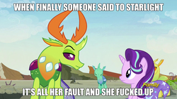 Size: 1920x1080 | Tagged: safe, edit, edited screencap, screencap, clypeus, soupling, starlight glimmer, thorax, changedling, changeling, pony, unicorn, g4, to change a changeling, caption, discovery family logo, discussion in the comments, drama, image macro, king thorax, meme, starlight drama