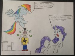 Size: 1024x765 | Tagged: safe, artist:iron-hooved, rainbow dash, rarity, human, g4, bottle, cory cotton, dude perfect, laughing, magic, prank, rekt, unsuspecting