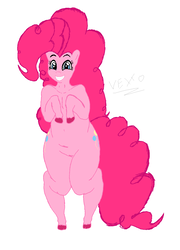 Size: 1088x1509 | Tagged: safe, artist:laughingvexxo, pinkie pie, earth pony, pony, g4, belly, bipedal, both cutie marks, chubby, colored hooves, cute, digital art, fat, fluffy, fluffy mane, grin, long mane, long tail, looking at you, pinkie thighs, plump, pudgy pie, rearing, simple background, smiling, thunder thighs, unshorn fetlocks, white background, wide hips