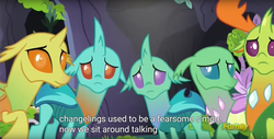 Size: 1898x965 | Tagged: safe, screencap, clypeus, cornicle, frenulum (g4), soupling, thorax, changedling, changeling, g4, to change a changeling, discovery family logo, king thorax, meme, s'mores, youtube caption