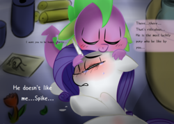 Size: 1400x1000 | Tagged: safe, artist:zouyugi, rarity, spike, dragon, pony, g4, simple ways, crying, encouragement, female, love, male, photo, ship:sparity, shipping, straight