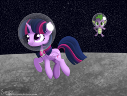 Size: 2000x1500 | Tagged: safe, artist:songbirdserenade, spike, twilight sparkle, alicorn, dragon, pony, g4, astronaut, cute, female, floaty, mare, moon, smiling, space, space helmet, twiabetes, twilight sparkle (alicorn)
