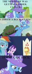 Size: 524x1200 | Tagged: safe, edit, edited screencap, screencap, applejack, fluttershy, rainbow dash, rarity, starlight glimmer, trixie, earth pony, pegasus, pony, unicorn, g4, magic duel, the crystalling, to change a changeling, to where and back again, animated, applejack's hat, batman the animated series, cape, clothes, cowboy hat, discovery family logo, female, gif, hat, i threw a rock at him, mare, trixie's cape, trixie's hat