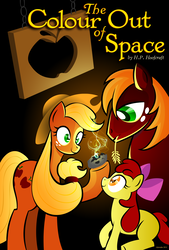 Size: 1351x2000 | Tagged: dead source, safe, artist:deeptriviality, apple bloom, applejack, big macintosh, granny smith, earth pony, pony, g4, apple family, book cover, cover art, eldritch abomination, female, filly, lovecraft, male, mare, meteor, stallion, straw in mouth, the colour out of space, this will end in death, this will not end well