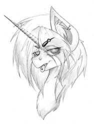 Size: 1584x2104 | Tagged: safe, artist:dodsie, oc, oc only, pony, unicorn, bust, evil grin, eyes on the prize, fangs, female, fluffy, grin, head, monochrome, piercing, smiling, solo, tongue out, tongue piercing