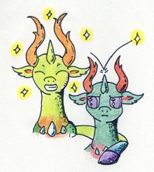 Size: 961x1071 | Tagged: safe, artist:kuroneko, derpibooru exclusive, pharynx, thorax, changedling, changeling, g4, to change a changeling, bust, changedling brothers, colored pencil drawing, duo, duo male, king thorax, male, prince pharynx, side hug, simple background, sparkles, traditional art, white background