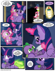 Size: 1275x1650 | Tagged: safe, artist:dsana, spike, twilight sparkle, alicorn, dragon, pony, comic:a moment in time, g4, baby, baby bottle, baby spike, burp, comic, cute, dragonfire, fire, fire breath, fire burp, magic, mama twilight, milk, spikabetes, time travel, twiabetes, twilight sparkle (alicorn), younger