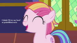 Size: 1280x720 | Tagged: safe, edit, edited screencap, editor:korora, screencap, toola roola, fame and misfortune, g4, my little pony: friendship is magic, happy, roolabetes, text, toola roola will be painting away