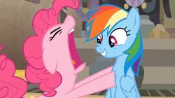 Size: 1277x717 | Tagged: safe, screencap, pinkie pie, rainbow dash, pony, daring done?, g4, somnambula (location)