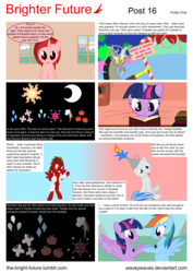 Size: 5656x8000 | Tagged: safe, artist:waveywaves, applejack, discord, fluttershy, pinkie pie, princess celestia, princess luna, rainbow dash, rarity, twilight sparkle, oc, oc:dustchu, oc:ruby rey, oc:slide fortissimo, alicorn, pony, comic:brighter future, g4, absurd resolution, beaker, candy, candy cane, comic, female, fire, food, funnel, lesbian, science, ship:twidash, shipping, sign, speech bubble, test tube, twilight sparkle (alicorn), vector