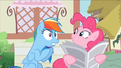 Size: 1136x640 | Tagged: safe, screencap, pinkie pie, rainbow dash, pony, daring done?, g4, newspaper, ponyville