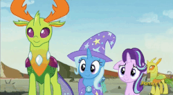 Size: 594x329 | Tagged: safe, screencap, clypeus, soupling, starlight glimmer, thorax, trixie, changedling, changeling, pony, unicorn, g4, to change a changeling, animated, cape, clothes, gif, hat, king thorax, trixie's cape, trixie's hat