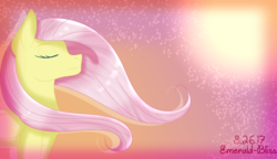 Size: 2600x1500 | Tagged: safe, artist:chaostrical, artist:emerald-bliss, fluttershy, pegasus, pony, g4, eyes closed, female, mare, smiling, solo, windswept mane