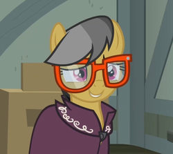Size: 1129x1009 | Tagged: safe, screencap, a.k. yearling, daring do, pony, daring done?, g4, boxes, clothes, cute, daring dorable, glasses, indoors, missing accessory, smiling, solo
