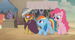 Size: 1872x1011 | Tagged: safe, screencap, a.k. yearling, daring do, desert flower, pinkie pie, rainbow dash, violet fulgurite, earth pony, pegasus, pony, unicorn, daring done?, g4, background pony, cute, dashabetes, female, glasses, male, mare, market, somnambula (location), somnambula resident, stallion