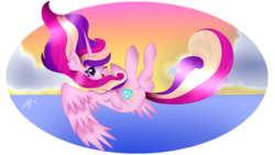 Size: 1024x576 | Tagged: safe, artist:anasflow, princess cadance, pony, g4, cloud, falling, female, heart eyes, ocean, one eye closed, solo, wingding eyes, wink