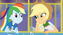 Size: 1277x719 | Tagged: safe, screencap, applejack, rainbow dash, equestria girls, g4, get the show on the road, my little pony equestria girls: summertime shorts, bus, cowboy hat, duo, duo female, female, freckles, geode of super speed, geode of super strength, hat, magical geodes, stetson, the rainbooms tour bus, wristband