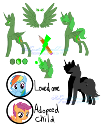 Size: 1024x1247 | Tagged: safe, artist:thegoatnamedlayla, oc, oc only, oc:green thunder, alicorn, pony, alicorn oc, canon x oc, female, male, never doubt blaa6 involvement, parent:oc:green thunder, parent:rainbow dash, parents:canon x oc, reference sheet, scootadoption