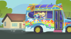 Size: 1275x715 | Tagged: safe, screencap, applejack, rainbow dash, equestria girls, g4, get the show on the road, my little pony equestria girls: summertime shorts, applejack's hat, blurry, bus, cowboy hat, female, hat