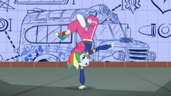 Size: 1280x720 | Tagged: safe, screencap, rainbow dash, equestria girls, g4, get the show on the road, my little pony equestria girls: summertime shorts, backwards ballcap, baseball cap, blueprint, breakdancing, cap, clothes, converse, female, handstand, hat, open mouth, pants, rapper dash, school bus, sexy, shoes, solo, upside down