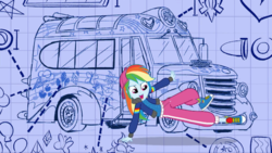 Size: 1280x720 | Tagged: safe, screencap, rainbow dash, eqg summertime shorts, equestria girls, g4, get the show on the road, backwards ballcap, baseball cap, blueprint, breakdancing, cap, clothes, converse, female, hat, open mouth, pants, rapper dash, school bus, sexy, shoes, solo