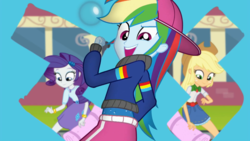 Size: 1280x720 | Tagged: safe, screencap, applejack, rainbow dash, rarity, equestria girls, g4, get the show on the road, my little pony equestria girls: summertime shorts, backwards ballcap, baseball cap, cap, clothes, female, hat, music video, open mouth, pants, rapper dash, rapping, towel