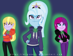 Size: 1440x1120 | Tagged: safe, artist:miqueart, fuchsia blush, lavender lace, trixie, equestria girls, g4, my little pony equestria girls: rainbow rocks, alternate universe, clothes, clothes swap, crossed arms, dazzling, female, hand on hip, hoodie, trixie and the illusions