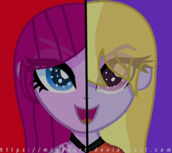 Size: 447x398 | Tagged: safe, artist:miqueart, fuchsia blush, lavender lace, equestria girls, g4, my little pony equestria girls: rainbow rocks, alternate universe, split screen