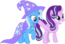 Size: 4295x2889 | Tagged: safe, artist:sonofaskywalker, starlight glimmer, trixie, pony, unicorn, g4, to change a changeling, boop, cape, clothes, covering, cute, diatrixes, female, glimmerbetes, grin, hat, high res, mare, nervous, nose wrinkle, raised hoof, scrunchy face, shhh, simple background, smiling, squee, transparent background, trixie's cape, trixie's hat, vector, wide eyes