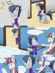 Size: 2400x3200 | Tagged: safe, artist:jake heritagu, blossomforth, rumble, pegasus, pony, comic:ask motherly scootaloo, g4, butt, clothes, coffee mug, comic, female, high res, implied cloudchaser, implied flitter, implied sex, implied threesome, implied thunderlane, mare, mug, plot, scarf, sweater, table