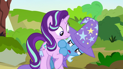 Size: 1280x720 | Tagged: safe, screencap, starlight glimmer, trixie, pony, g4, to change a changeling, clothes, cute, hat, hiding, trixie's hat