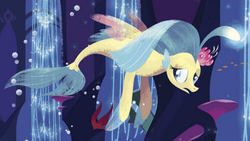 Size: 1136x640 | Tagged: safe, princess skystar, seapony (g4), g4, my little pony: the movie, blue eyes, blue mane, blue tail, bubble, female, fin wings, fins, fish tail, flowing mane, flowing tail, glowing, lonely, ocean, open mouth, princess sadstar, sad, seaquestria, solo, swimming, tail, underwater, water, wings