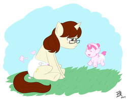 Size: 1927x1513 | Tagged: safe, artist:tamaeftt, oc, oc only, oc:pony tamako, pony, unicorn, blushing, diaper, diaper fetish, fetish, foal, glasses, magic, non-baby in diaper, sitting