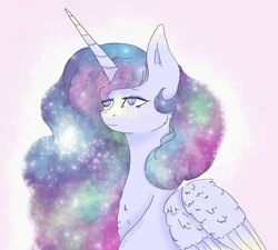 Size: 1024x922 | Tagged: safe, artist:princess-lunestia, princess celestia, princess luna, oc, oc only, oc:princess lunestia, alicorn, pony, g4, alicorn oc, ethereal mane, eyeshadow, female, flowing mane, folded wings, frown, fusion, lidded eyes, makeup, mare, multicolored mane, solo, starry mane