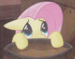 Size: 801x639 | Tagged: safe, fluttershy, g4, my little pony: the movie, barrel, cute, female, hiding, shyabetes, solo