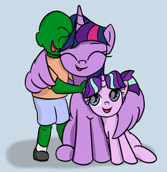 Size: 1163x1200 | Tagged: safe, artist:yukkuripalehorse, starlight glimmer, twilight sparkle, oc, oc:anon, alicorn, human, pony, unicorn, g4, family, female, filly, filly starlight glimmer, happy, hug, kid anon, trio, twilight sparkle (alicorn), winghug, younger