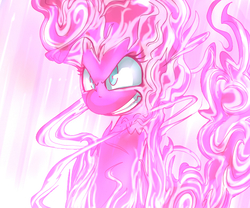 Size: 600x500 | Tagged: safe, artist:uc77, pinkie pie, earth pony, pony, g4, angry, female, grin, hotblooded pinkie pie, pink, power level, smiling, solo