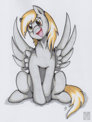 Size: 2158x2839 | Tagged: safe, artist:stormblaze-pegasus, derpy hooves, pegasus, pony, g4, female, high res, mare, open mouth, signature, simple background, sitting, smiling, solo, spread wings, traditional art, white background, wings