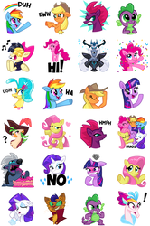 Size: 1020x1540 | Tagged: safe, artist:jublin, applejack, capper dapperpaws, captain celaeno, fluttershy, grubber, pinkie pie, princess skystar, queen novo, rainbow dash, rarity, songbird serenade, spike, storm king, tempest shadow, twilight sparkle, abyssinian, alicorn, cat, dragon, earth pony, pegasus, pony, seapony (g4), unicorn, anthro, g4, my little pony: the movie, angry, anthro with ponies, cake, confetti, cowboy hat, duh, eww, exclamation point, facebook, facebook sticker, female, floating heart, food, group hug, ha, hat, headworn microphone, heart, hi, hmph, hug, male, mane six, mare, music notes, no, please, question mark, rainbow, shrug, sigh, sticker, twilight sparkle (alicorn), ugh, waving
