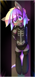 Size: 500x1100 | Tagged: safe, artist:hoodie, oc, oc only, oc:ice trio, earth pony, pony, semi-anthro, bipedal, blushing, clothes, cute, ear fluff, female, hoodie, lace in mouth, looking at you, mare, moe, simple background, skirt, skirt lift, smiling, socks, solo, thigh highs