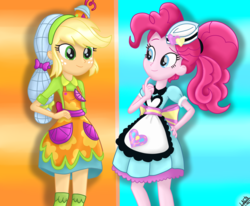 Size: 1700x1400 | Tagged: safe, artist:liniitadash23, applejack, pinkie pie, coinky-dink world, eqg summertime shorts, equestria girls, g4, shake things up!, alternate hairstyle, carhop, clothes, female, freckles, kneesocks, server pinkie pie, show accurate, signature, socks, waitress, zettai ryouiki
