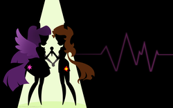Size: 1680x1050 | Tagged: safe, artist:egophiliac, sunset shimmer, twilight sparkle, equestria girls, g4, my little pony equestria girls: rainbow rocks, cutie mark, dancing, electrocardiogram, female, holding hands, lesbian, light, microphone, ponied up, shadow, ship:sunsetsparkle, shipping, silhouette, singing, spotlight, wallpaper