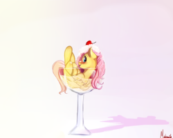 Size: 2500x2000 | Tagged: safe, artist:miokomata, fluttershy, pony, alcohol, blushing, cherry, cocktail glass, cup, cup of pony, cute, female, food, glass, looking at you, looking back, mare, martini, micro, shyabetes, simple background, smiling, solo, tiny ponies, wine glass