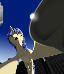 Size: 3300x3800 | Tagged: safe, artist:styroponyworks, oc, oc only, oc:eleos, pony, 3d, blender, city, female, frog (hoof), giant pony, high res, looking at you, looking down, macro, mare, mixed media, sky, solo, underhoof
