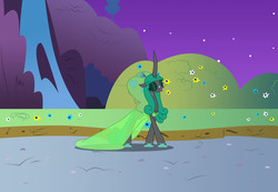 Size: 10803x7492 | Tagged: safe, artist:kirbymlp, idw, queen chrysalis, changeling, changeling queen, g4, reflections, absurd resolution, bush, butterfly wings, clothes, dress, duchess chrysalis, flower, gala, glasses, grand galloping gala, grass, hill, love, mirror universe, mountain, night, night sky, queen, reversalis, sky, slippers, stars, tree, waterfall