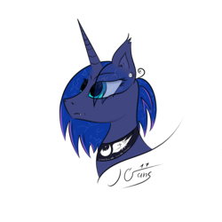 Size: 3000x3000 | Tagged: safe, artist:taylorgans, princess luna, pony, g4, alternate hairstyle, alternate universe, bust, cute, female, galaxy mane, high res, jewelry, latin, mare, new lunar republic, nudity, peytral, portrait, simple background, solo, stars, text, transparent background