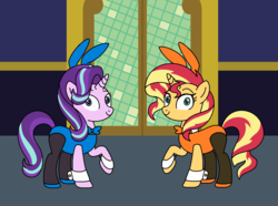 Size: 1110x826 | Tagged: safe, artist:author92, starlight glimmer, sunset shimmer, pony, unicorn, g4, alternate clothes, bowtie, bunny ears, bunny suit, clothes, costume, cufflinks, cuffs (clothes), equestria girls ponified, female, leotard, mare, pantyhose, playboy bunny, ponified, shoes