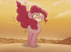 Size: 1000x727 | Tagged: safe, screencap, pinkie pie, earth pony, pony, g4, my little pony: the movie, animated, big smile, bone dry desert, breakdown, cropped, deflating hair, deflation, desert, desert sun madness, faceplant, faic, female, gif, insanity, mare, sand, shit eating grin, smiling, solo