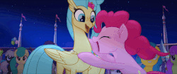 Size: 960x400 | Tagged: safe, screencap, pinkie pie, princess skystar, classical hippogriff, earth pony, hippogriff, pony, g4, my little pony: the movie, animated, cute, diapinkes, female, gif, happy, hug, laughing, laughingmares.jpg, skyabetes, winghug